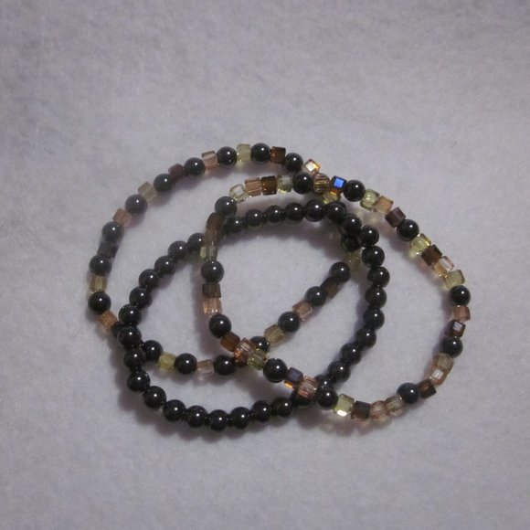 Hematite and Multi Brown Beaded Stretch Bracelet Set. - Picture 1 of 6